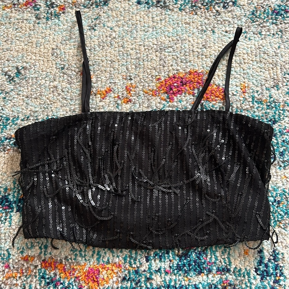 H&M black sequin fringe crop top size XS with adjustable spaghetti straps